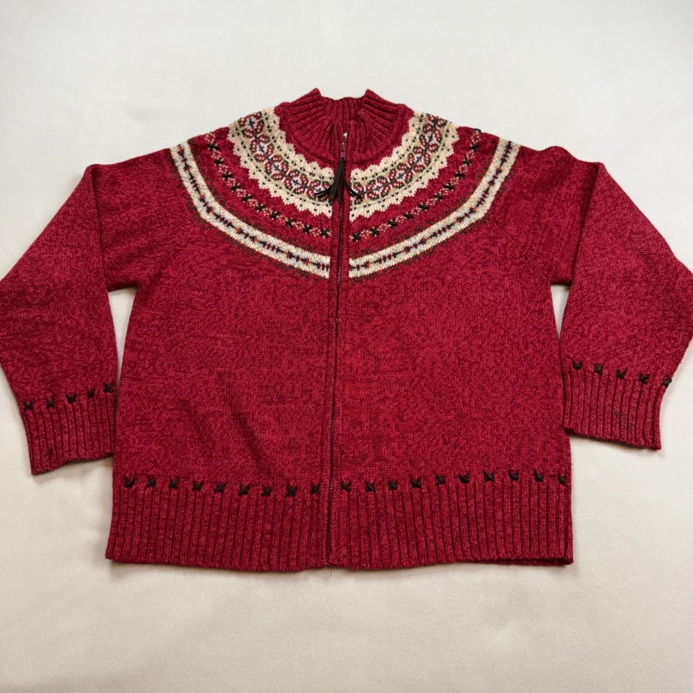 VTG Tiara International Womens LG Sweater Red Fair Isle Leather Whipstitch Zip